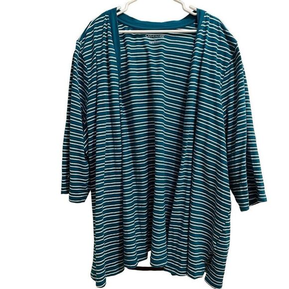 Catherines Cardigan Women’s 5X Suprema Collection Open Front Turquoise Striped - Picture 1 of 8